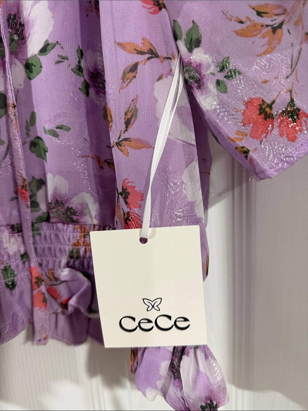 CeCe Lavender Floral Peasant Tie-Front Blouse L - Picture 4 of 5